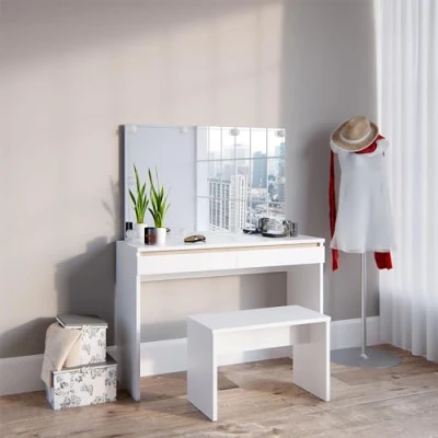 Image de Vicco Coiffeuse Emma, Blanc, 120 cm avec éclairage LED et Banc