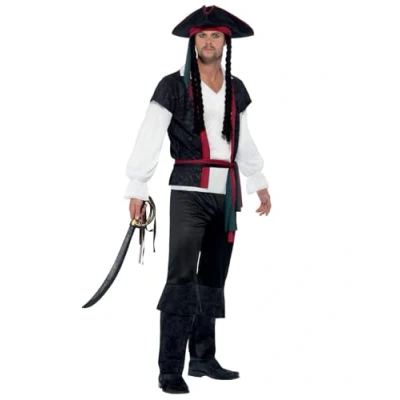 Image de Smiffys Costume entendu mon capitaine pirate, Noir, avec haut, pantalon, cravate et chapeau cheveux