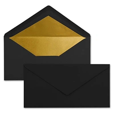 Image de 15x enveloppes 11 x 22 cm couleur: noir aves doublure en or métallique fermeture: gommée format DL américain, portefeuille sans fenêtre pour papier A4 invitations
