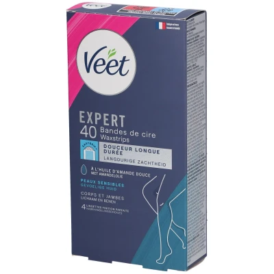 Image de Veet EXPERT 40 Bandes de Cire Froide Corps &amp; Jambes Peaux Sensibles Finition Parfaite Epilation Longue Durée
