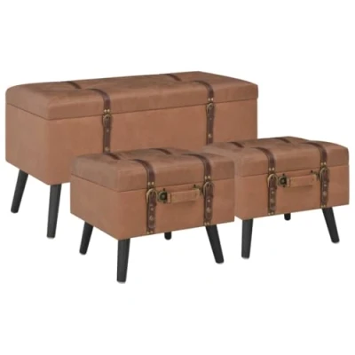 Image de Tabourets de rangement VIDAXL Marron Similicuir Pieds en bois massif Compartiment