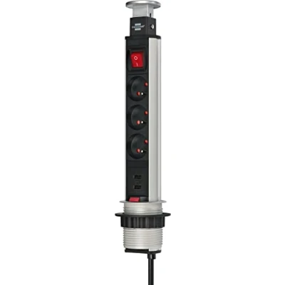 Image de Brennenstuhl Tower Power Bloc multiprise escamotable 3 prises/2 PRISES USB avec interrupteur câble 2 m, Anthracite, 2M x