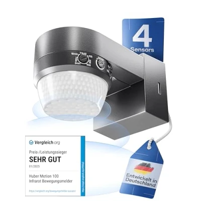 Image de HUBER Motion 100 Détecteur de mouvement infrarouge 360 avec 4 capteurs et lentille Fresnel IP65 LED I protection anti pénétration limitation zone, montage