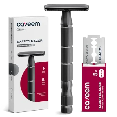 Image de CAVEEM rasoir de sécurité à double tranchant, lame unique avec 5 lames en acier inoxydable pour hommes et femmes, métal réutilisable Gun Metal Noir