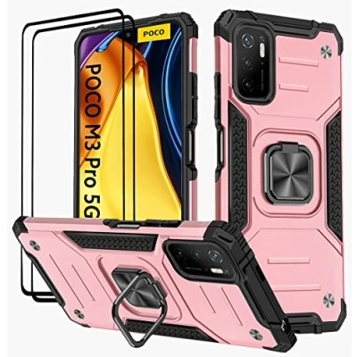 Image de KANSI Coque Compatible pour Xiaomi POCO M3 Pro 5G / Redmi Note 10 5G, Verre Trempé [2 Pièces] + Housse TPU Silicone Rotation 360 Aimant Anneau Support Double Défense Or Rose