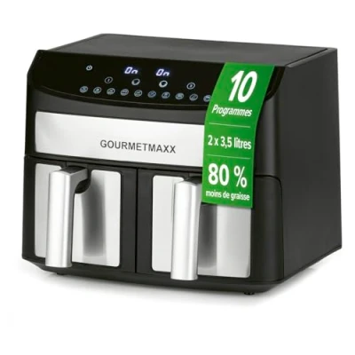 Image de GOURMETmaxx Friteuse à air chaud double chambre 7 litres Préparation particulièrement pauvre en graisse et douce 10 programmes, fonction minuterie pour une cuisson précise, un arrêt automatique