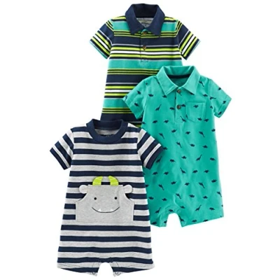 Image de Simple Joys by Carter&#039;s 3 Pack Infant and Toddler Rompers, Bleu Marine Rayures/Jaune Rayures/Vert Dinosaure, 0 Mois (Lot de 3) Bébé garçon