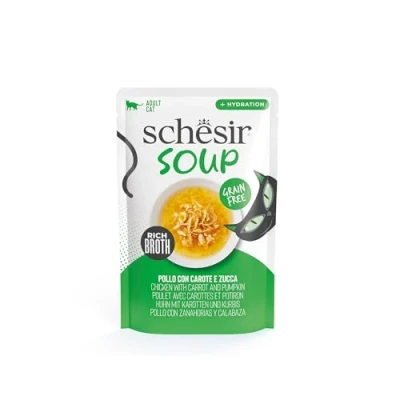 Image de Schesir, Soupe aux Filets de Poulet Carottes et Citrouille, en enveloppe, Nourriture Humide complémentaire pour Chats, Recette Originale, 100% Naturelle, 12 enveloppes 40 g