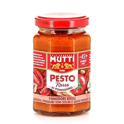 Image de Mutti Pesto Rosso Pomodori Rossi tomate rouge Pâtes sauce 100% italienne pot 180g sauces aux amandes, tomates, graines séchées et Grana Padano