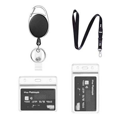 Image de Porte Badge Transparent, 1 Ensemble Comprend Cordon, Enrouleur et Carte étanche, pour Clé D&#039;Identité (Noir A01)