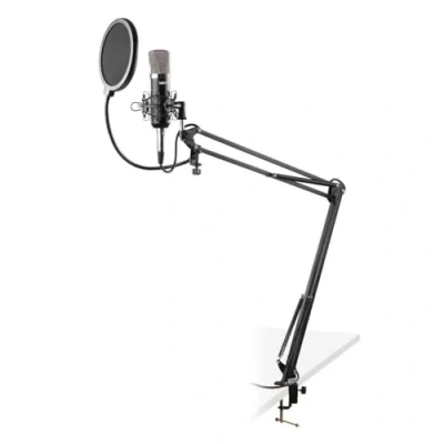 Image de VONYX CMS400 Microphone de Studio Argenté Ensemble à Condensateur avec Bras Réglable et Filtre Anti Pop, Alimentation Fantôme 48 Volts, Connexion Directe Un Ordinateur (Jack 3,5mm)