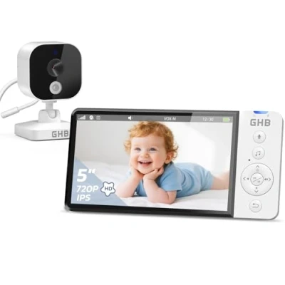 Image de GHB Babyphone Camera 5&quot; 720P HD Bebe Surveillance 5000mAh Écran IPS Zoom 4X Vision Nocturne VOX Capteur de Température Non Rotation à Distance