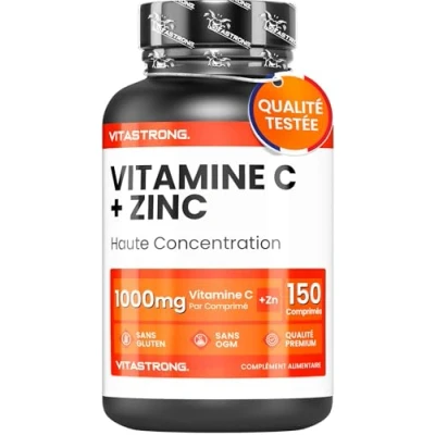 Image de Vitamine C 1000 mg et Zinc contribuent à la Fonction Normale du Système Immunitaire 1 Comprimé par Jour Haute Dosage Pure 150 comprimés Qualité Premium