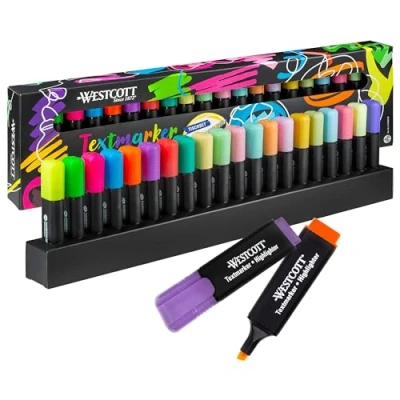 Image de Westcott E 744250 00 Lot de 20 surligneurs fluo et pastel avec système d&#039;organisation Épaisseur trait 2 à 5 mm Encre qualité supérieure en provenance d&#039;Allemagne
