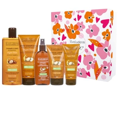 Image de EVOLUDERM Coffret Argan Divin Avant Shampoing + Nourrissant Après Démêlant Soin Longueurs &amp; Pointes Masque 150 ml Chouchou offret Fabrication Française (Rosèa)