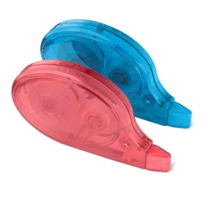 Image de Amazon Basics Ruban correcteur blanc avec distributeur, lot de 2, facile à utiliser, 12 m, 9 x 4,8 1,6 cm, Rouge, bleu
