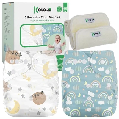 Image de Kolo Set de couches lavable réutilisable pour bébé et : 2 réglables avec poche intérieure Pocket + inserts absorbants en bambou Taille unique unisexe 100% écologique