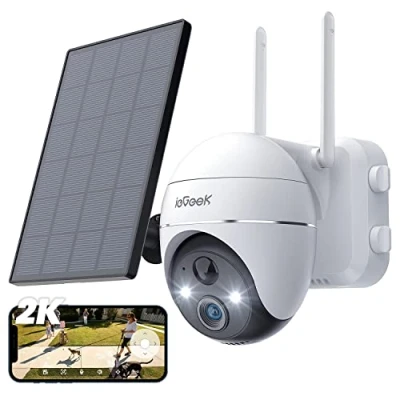 Image de ieGeek (2K Upgrade) Caméra Surveillance WiFi Extérieure sans Fil Solaire, IP Batterie, Vision Nocturne Couleur, PIR Détection de Mouvement, Sirène d&#039;alarme, Audio Bidirectionnel, SD/Cloud/IP65