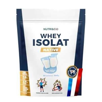 Image de Nutri&amp;Co Whey Isolate Native Jusqu’à 94% de Protéines Pur Lait Français Low Lactose Digestion Facile Riche en BCAA Prise Masse &amp; Musculation 1kg 33 portions goût Neutre