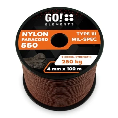 Image de GO!elements 100m Paracorde en Ficelle Nylon 4mm 550 Typ III Corde approprié Fil de Peche Nylon, Filet éthologique, etc. Max. 250kg, Coleur: Brun