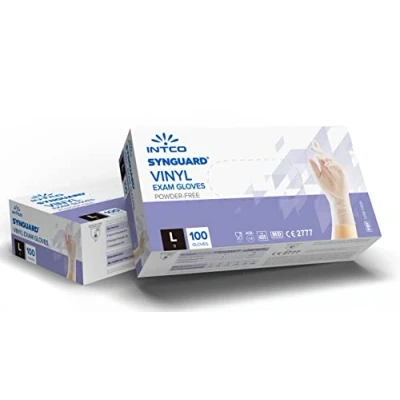 Image de Intco medical Lot de 100 gants en vinyle sans poudre, latex, hypoallergéniques, certifiés CE, transparents, conformes à la norme EN455 et EN374 jetables (Taille L)