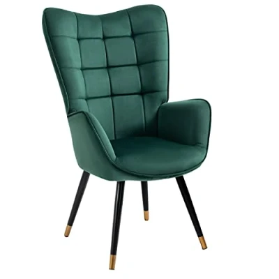 Image de MEUBLE COSY Fauteuil Scandinave Chaise de Canapé Loisirs Rétro pour Salon Salle à Manger Bureau avec Un Revêtement en Velours, Accoudoirs Rembourés et des Pieds Métal Noir Or