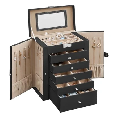 Image de SONGMICS Boîte à Bijoux, Coffre Grand, 6 Niveaux avec Ailes, tiroirs, Miroir et Fermoir, pour Bracelets, Boucles d&#039;oreilles, bagues, Colliers, Noir JBC152B01