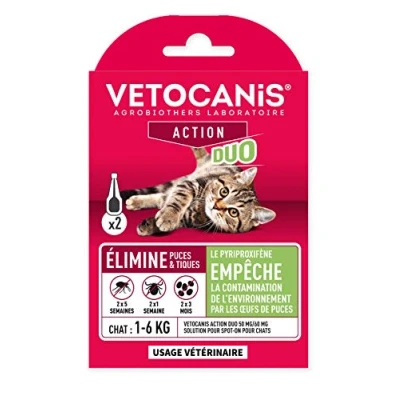 Image de Vetocanis Action Duo Pipette Anti Puces Tiques Chat Traitement et Protection Antiparasitaire 1 6 kg Habitat Boîte de 2 pipettes