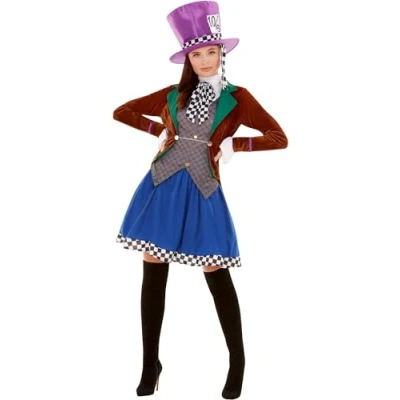 Image de Smiffys Déguisement de Mme Chapelière, Multicolore, avec veste, gilet fixe, jupe et chapeau