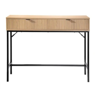 Image de Calicosy Console 2 Tiroirs Façade Effet Bois Rainuré Panneaux De Particules Structure Tubes Métal Noir Entrée, Couloir, Salon Style Industriel L 100 x P 35 H 80 cm