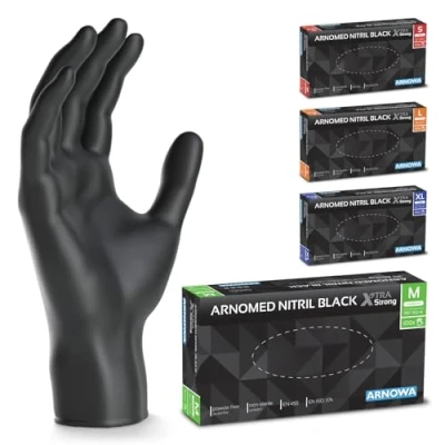 Image de ARNOMED Gants jetables Noir Extra Fort, nitrile taille M, 50% plus épais, 100 p./boîte, non poudrés, en mecanique sans latex, gant jetable tailles S, L &amp; XL