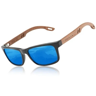 Image de KINGSEVEN Lunettes de soleil en bois pour homme et femme Unisexe Fabriquées à la main polarisées avec branches noyer Protection UV400 Verres miroir tendance Bleu, bleu