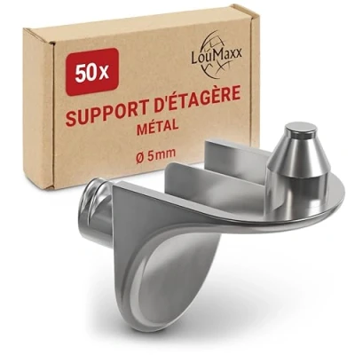 Image de LouMaxx Lot de 50 supports d&#039;étagère d&#039;angle avec double tenon, support sol sécurité 5 mm, en zamak nickelé