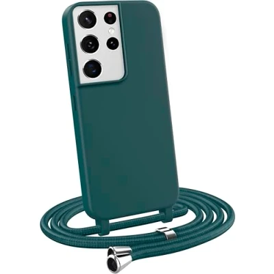 Image de MyGadget Coque Cordon pour Samsung Galaxy S21 Ultra Cover Bumper Silicone Mat Uni avec Collier Case Tour de Cou Protection Anti Choc Skin &amp; Lanière Vert Foncé