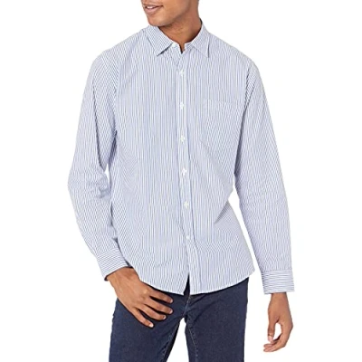 Image de Amazon Essentials Chemise en Popeline à Manches Longues, Style Décontracté, Coupe Standard Homme, Bleu Blanc Rayures Verticales, XL