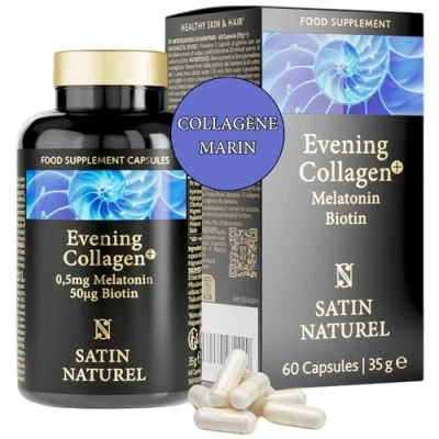 Image de Collagene Marin + Acide Hyaluronique Melatonine Biotine Cheveux Magnesium Complement Alimentaire Sommeil réparateur, Peau Hydratée &amp; Ongles Renforcés Satin Naturel