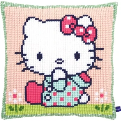 Image de Vervaco Kit de Coussin au Point Croix, Hello Kitty, sur la pelouse, 40 x cm Or 16 in, Blanc