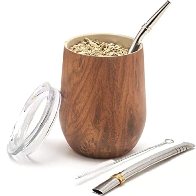 Image de BALIBETOV Kit Calebasse Maté Yerba (Tasse Maté) et Bombilla Acier Inoxydable 18/8 à Double Paroi Comprend Deux Bombillas Une Brosse de Nettoyage (BOIS, 355 ml)