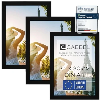 Image de CABBEL Lot de 3 cadres photo DIN A4 21x30 MDF cadre en bois avec verre acrylique incassable, idéal pour collages, portraits &amp; certificats noir