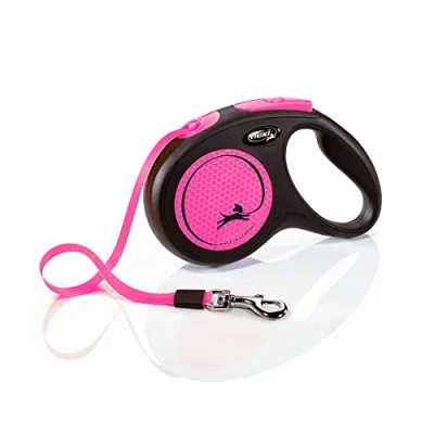 Image de Flexi, Laisse Modèle New Neon, Version Sangle, Une visibilité Accrue grâce au réflecteur néon, Système de Guidage perfectionné, freinage Robuste, Made in Germany, Noir/Rose, M 5m