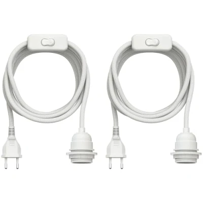 Image de ledscom.de 2 pièces câble textile LEKA, fiche, interrupteur, blanc, 3 m, douille de lampe, 1x E27 max. 60W