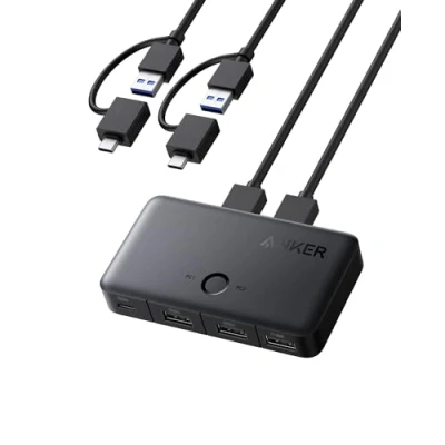Image de Anker commutateur KVM permet le passage entre 2 ordinateurs Avec un simple clic. câble USB A en 1 et 3 ports 3.0, il assure transfert rapide pour ordinateurs, claviers, souris, plus