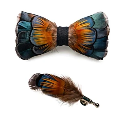 Image de JEMYGINS Noeud Papillon Homme Jaune vert 2 en Plume Plumes Fait Main et Broche Ensemble Compris boîte