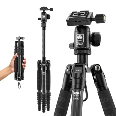 Image de SIRUI Trépied de Voyage, 55.1‘’ Compact et léger en Fibre Carbone avec Rotule Panoramique 360 pour Appareils Photo, Plaque QR, Colonne Centrale Amovible, Charge Jusqu&#039;à 10kg, AM 5C