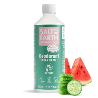 Image de Natural Deodorant Spray Refill by Salt of the Earth, Melon &amp; Cucumber Vegan, Long Lasting Protection, Leaping Bunny Approved, Made in UK 500ml