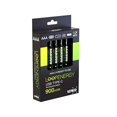 Image de VERICO LoopEnergy Wiederaufladbare USB C Batterie AAA 1,5V 900mWh (600mAh) Li ION, Schnellladung Via Anschluss in ca. 2 Stunden (4X AAA)