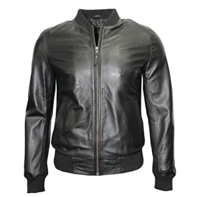 Image de Homme Retro Noir Nappa en Cuir Bomber Slim Fit décontractée Varsity Veste XS