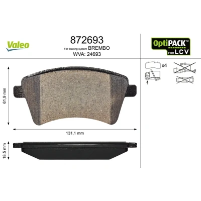Image de VALEO 872693 Jeu de plaquettes frein Essieu avant contact signal d&#039;usure exclu sans kit vis fixation, pour conditions d’usage difficiles