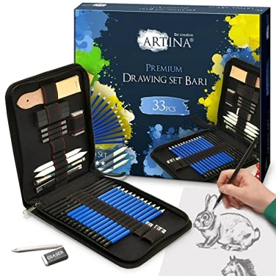 Image de Artina Set de 33 crayons Bari à dessin avec 12 crayons, 3 fusains, 1 crayon graphite beaucoup d&#039;accessoires &amp; étui pour dessiner