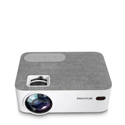 Image de PRIXTON Vidéoprojecteur Portable Lumière, Projecteur avec 5 000 lumens et 100 ANSI Lumen, Résolution Full HD, Connexion HDMI/USB/MicroSD/AUX/AV in, Haut parleurs intégrés, Télécommande, Couleur Blanc